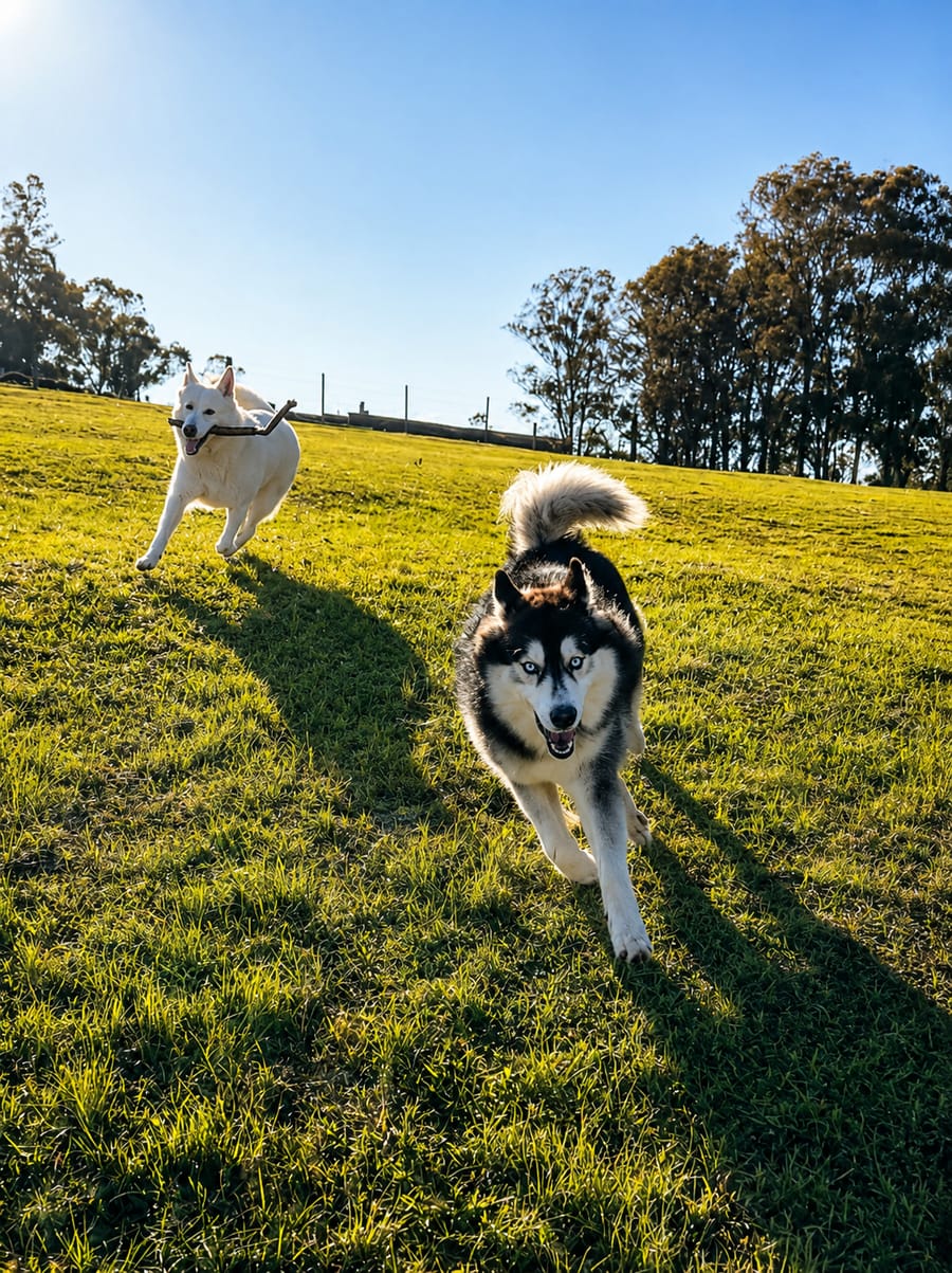 Cães correndo livres no gramado da chácara da Climvet
